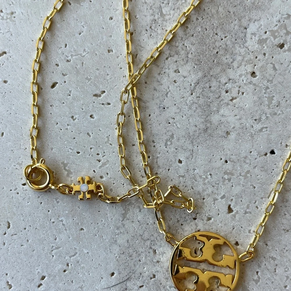 Tory Burch Polished Gold Double-T Round Pendant Necklace